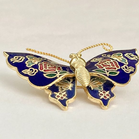 Vintage Cloisonne Butterfly Brooch Pin Flowers Blue Enamel Gold Plated Taiwan - Picture 9 of 12
